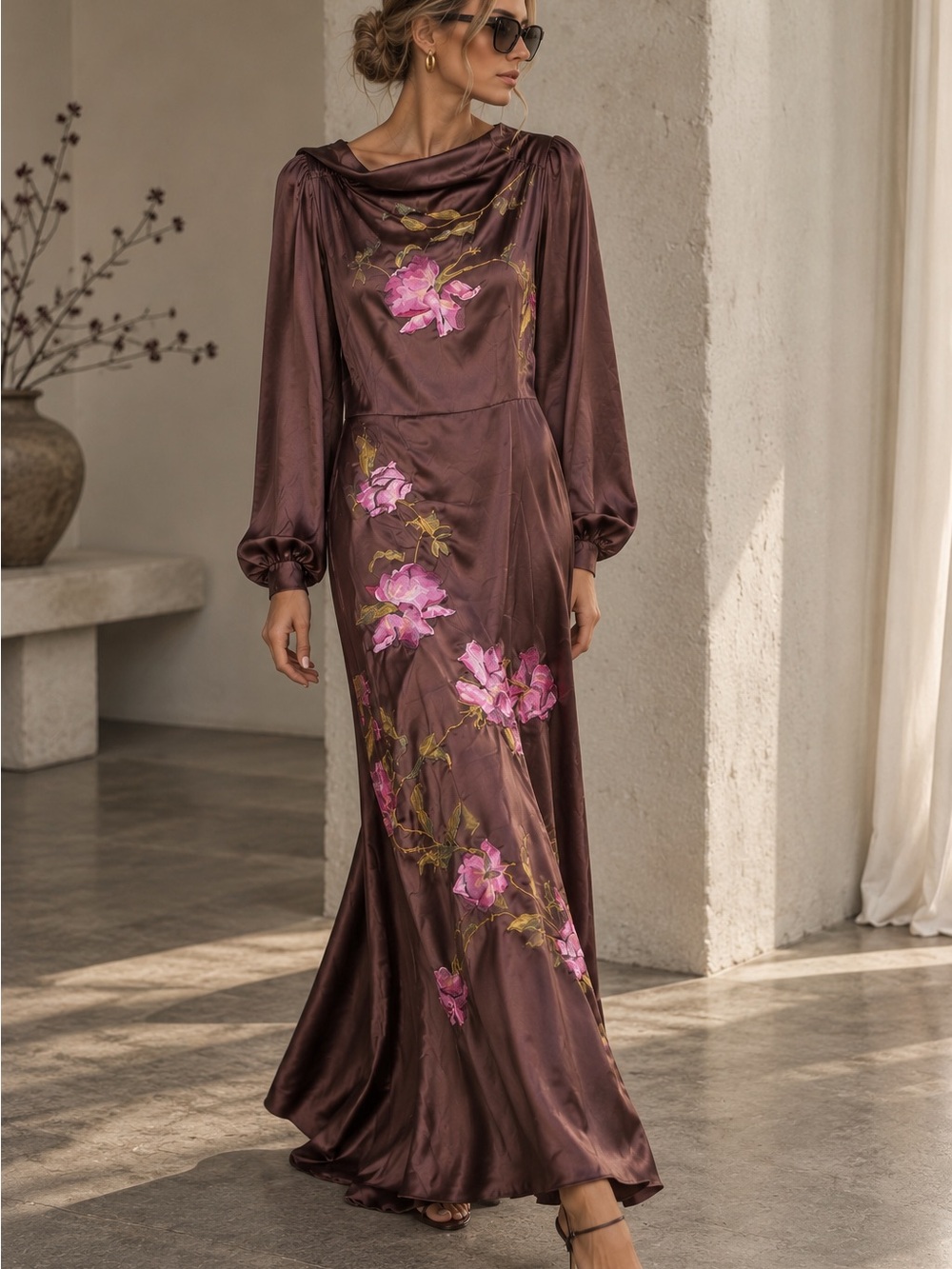 ASOS DESIGN Embroidered Satin Floral Maxi Dress Brown Pink Size US 12